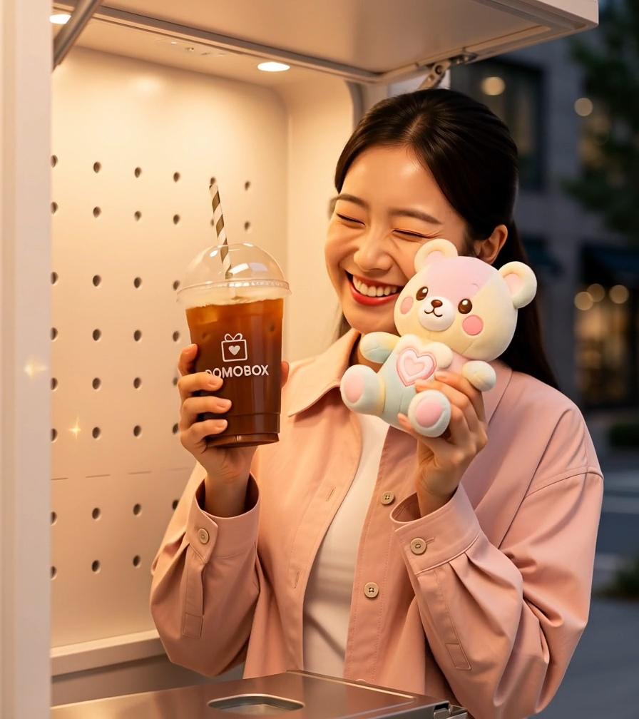 음료와 인형을 들고 웃는 손님.